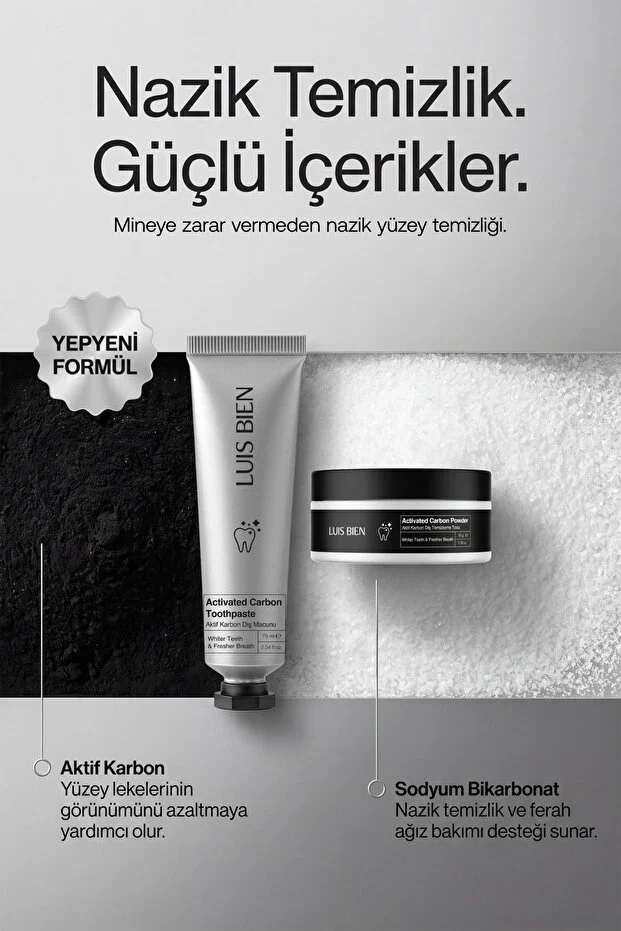 Diş Beyazlatma Seti – Aktif Karbonlu Diş Macunu + Diş Tozu, Çay Kahve Lekesi Karşıtı | Ağız Bakımı